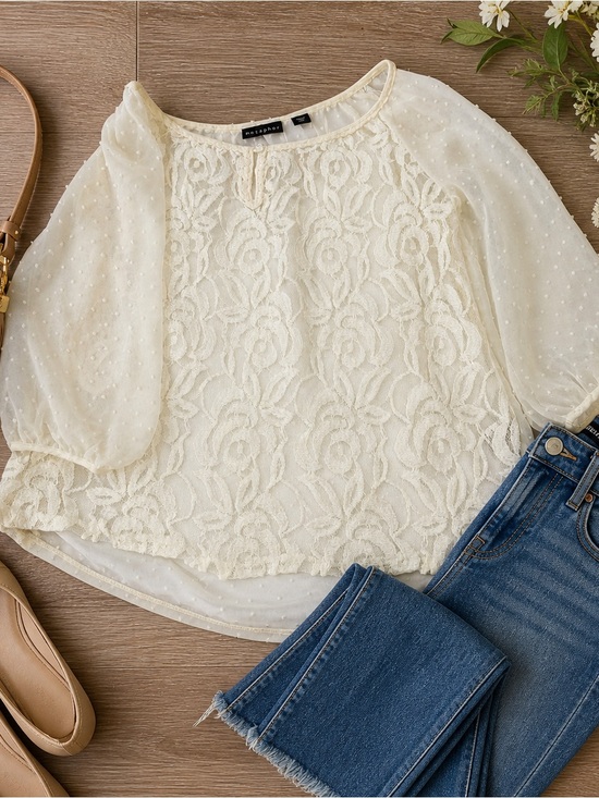 Metaphor Tops - Metaphor Cream Lace Sheer Sleeve Blouse Size Medium Romantic Boho Top